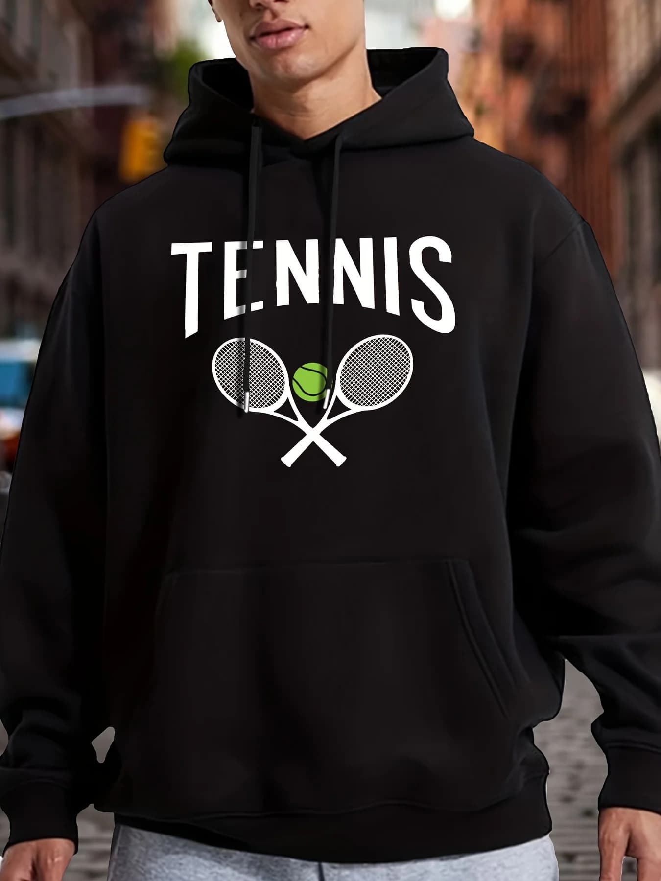 Men Sport Hip Hop Hoodie Tennis Sport Racket Ball Logo Front Print Fleece Sweatshirt Urban Streetwear Training Casual Clothes