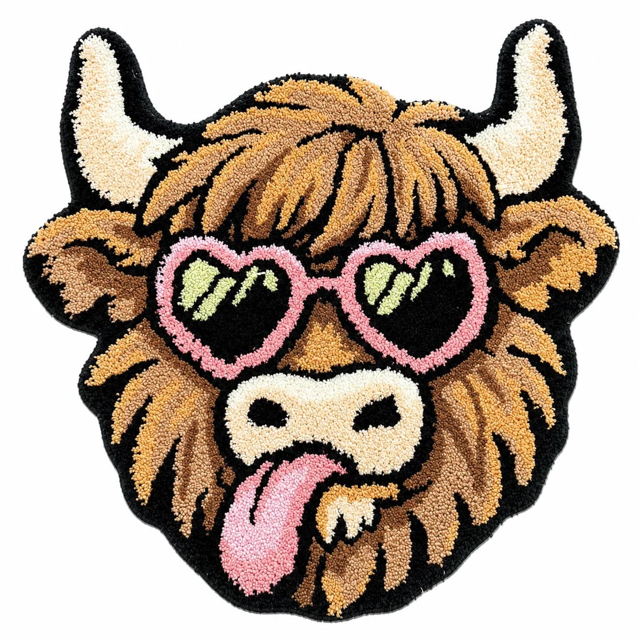 Cute Heart Sunglasses Highland Cow Shaped Tufted Rug, Soft Fluffy Non Slip Bath Mat For Indoor Bedroom Decor