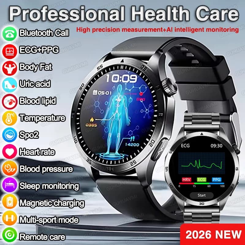2026 New ECG+PPG Smart Watch Men Treatment Blood Pressure Uric acid Lipids Smartwatch Bluetooth Call Body analysis Health Clock
