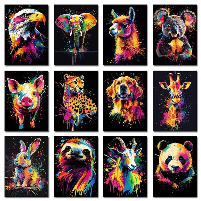 Colorful Neon Animal Portrait Poster Abstract Llama Black Cat Giraffe Prints Canvas Painting Wall Picture Home Living Room De