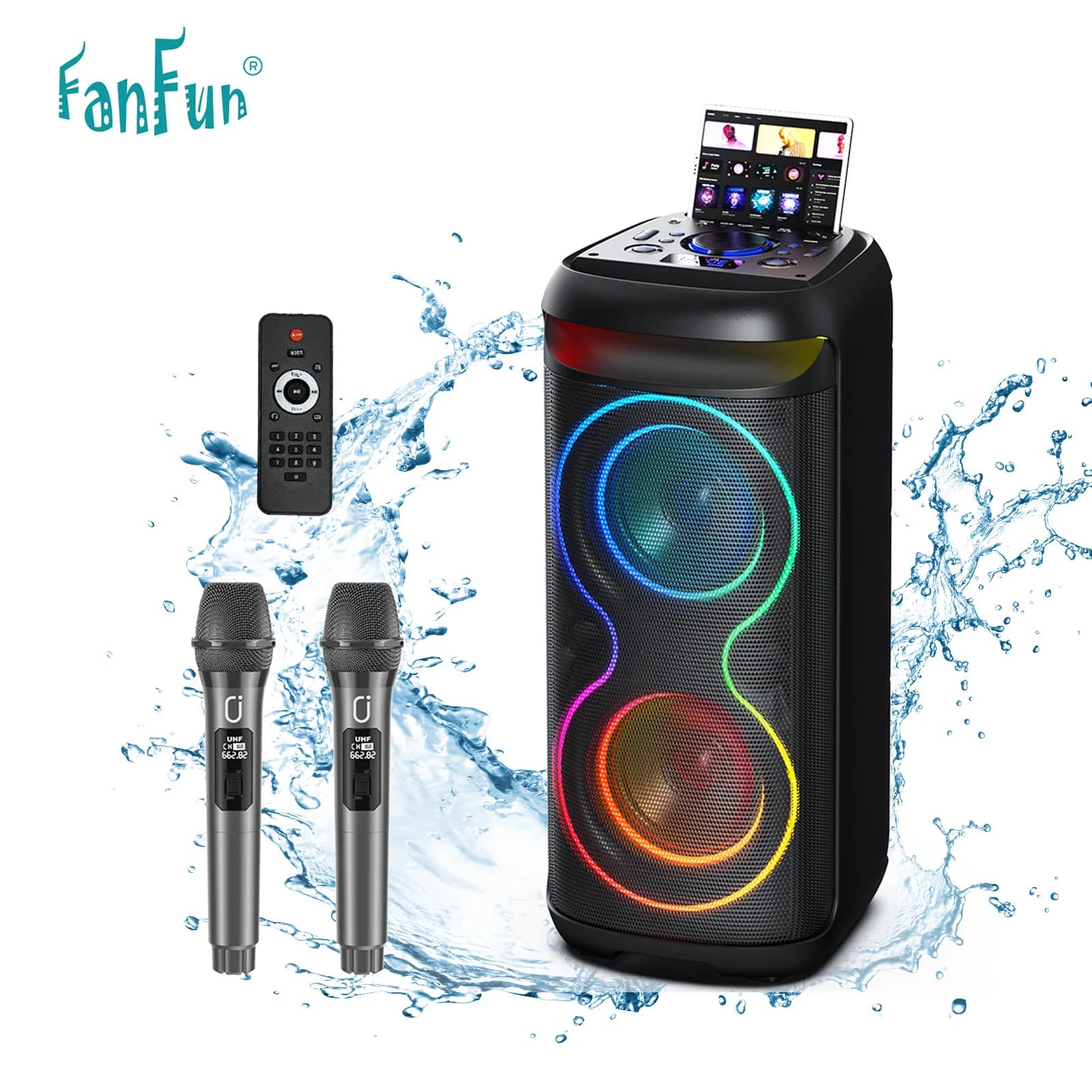 Macchina per Karaoke con 2 Microfoni Wireless, Altoparlante Bluetooth Portatile per Esterni, Grande Speaker per Feste con Luci Disco
