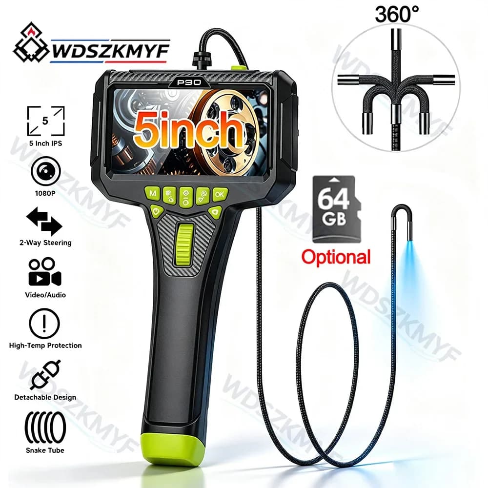 360 ° Endoscopio Industriale con Telecamera Orientabile 6mm, Schermo IPS da 5 Pollici, Lente Singola, Impermeabile, per Ispezione Auto/Tubi/Riparazioni