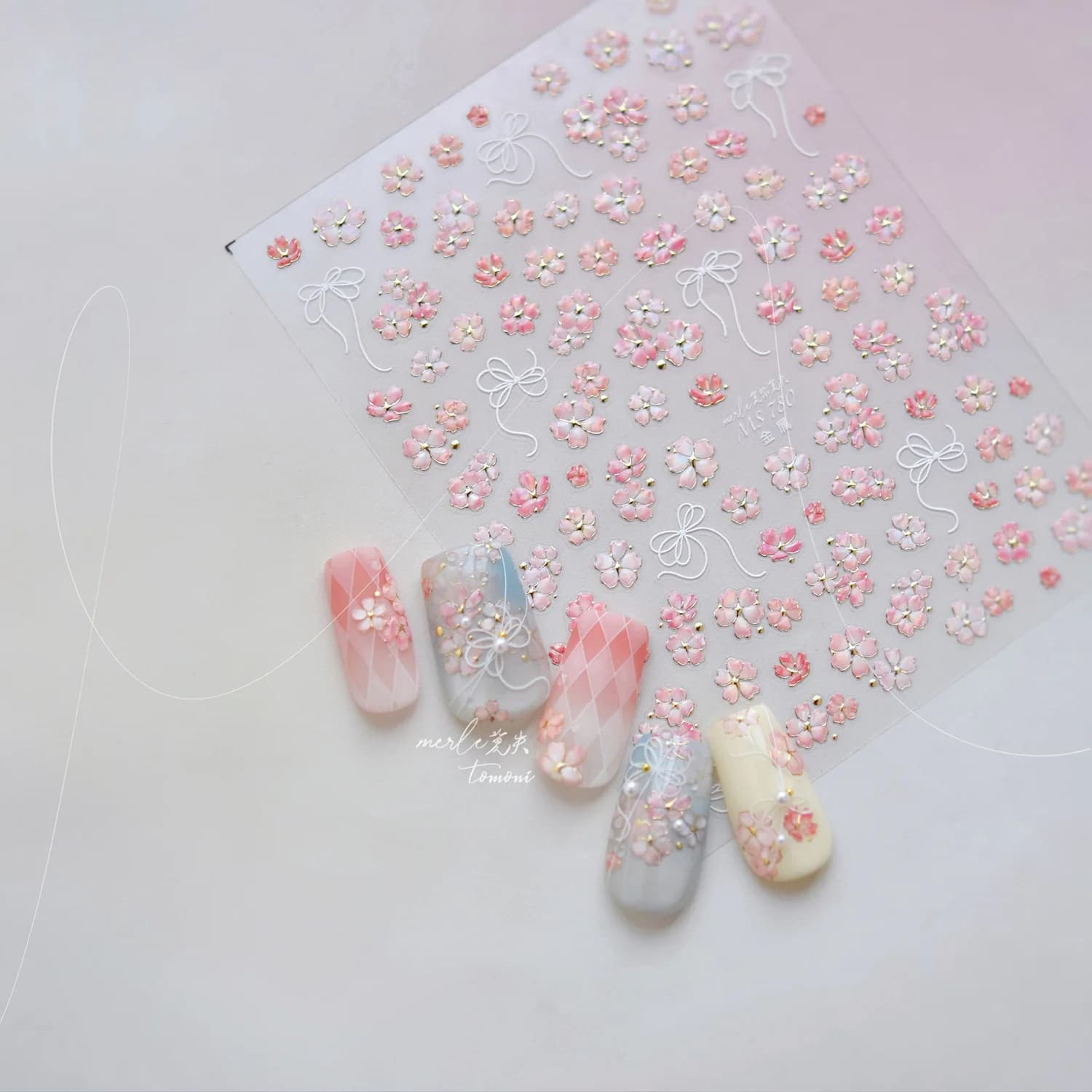 Adesivi per Unghie con Fiori di Pesco, Petali Rosa Sfumati, Fiocco, Stampa a Caldo, Tintura Halo, Decorazioni Delicate per Manicure