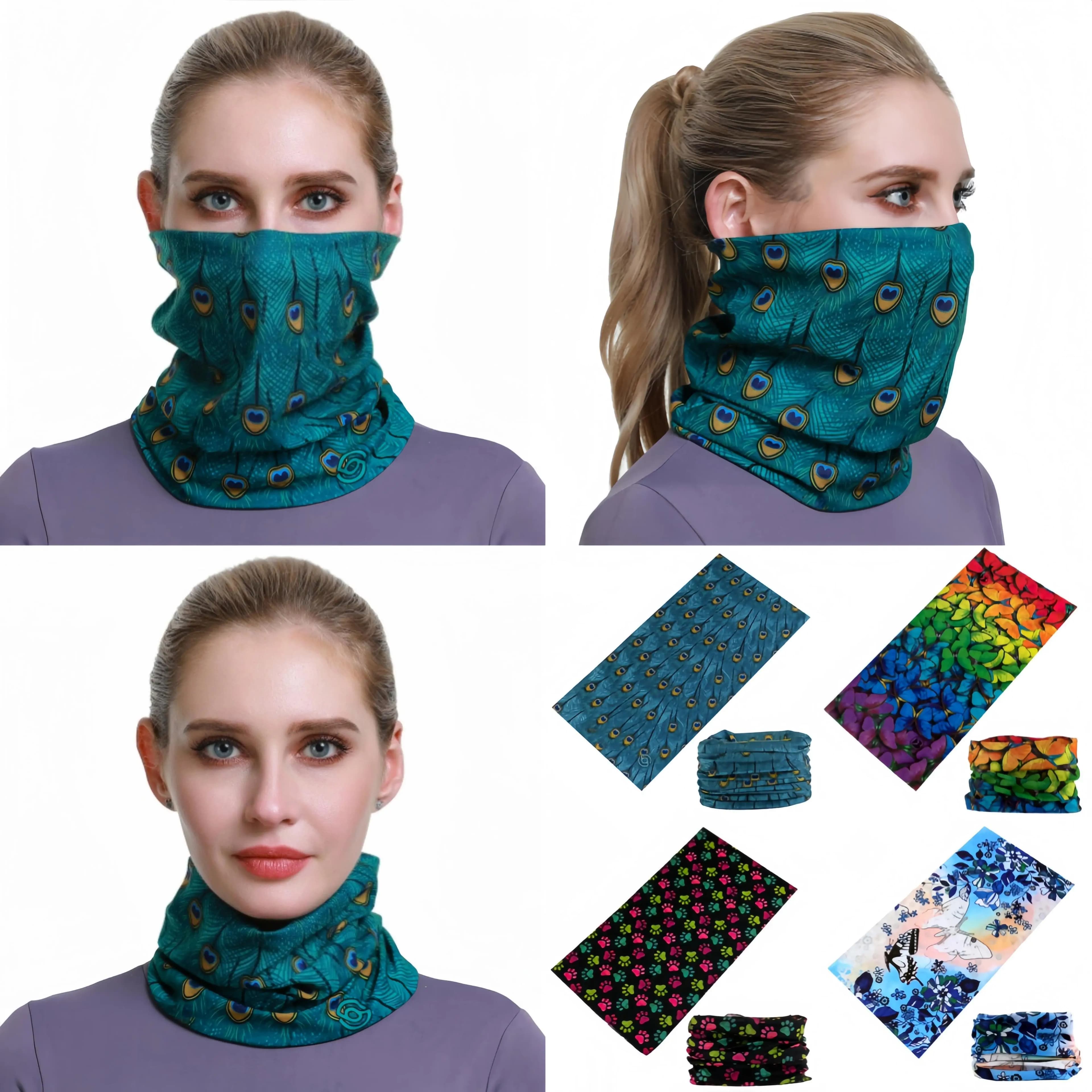 2024 Bellissimo modello di piume di pavone Design Bandana da donna Sciarpa da ciclismo Farfalla Fiore Maschera Passamontagna Tubo Fascia per capelli