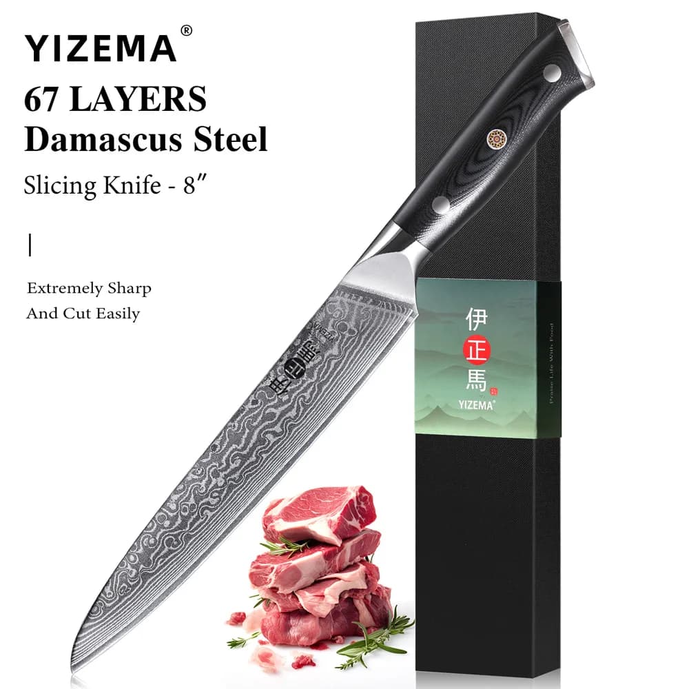 YIZEMA Coltelli da intaglio professionali da 8 pollici Coltello da taglio in acciaio di Damasco giapponese Affilato per filetti di carne Coltello da cucina per salmone