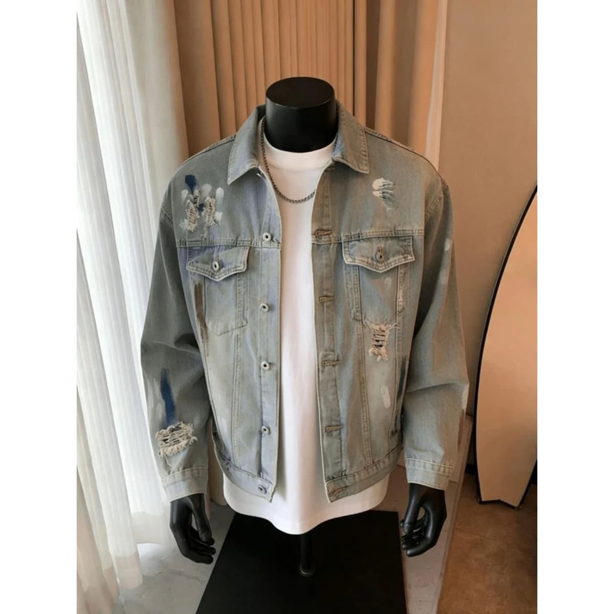 Giacca in Denim da Uomo Stile Casual con Effetto Invecchiato e Spray d'Inchiostro, Giacca da Lavoro Primaverile e Autunnale, Design Versatile, Top Casual