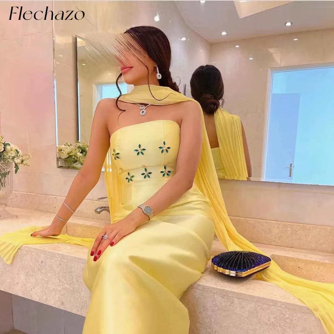 Flechazo Yellow Satin Evening Dresses Strapless Mermaid Beaded Green Crystal Formal Party Dress For Women 2024 vestidos de Gala