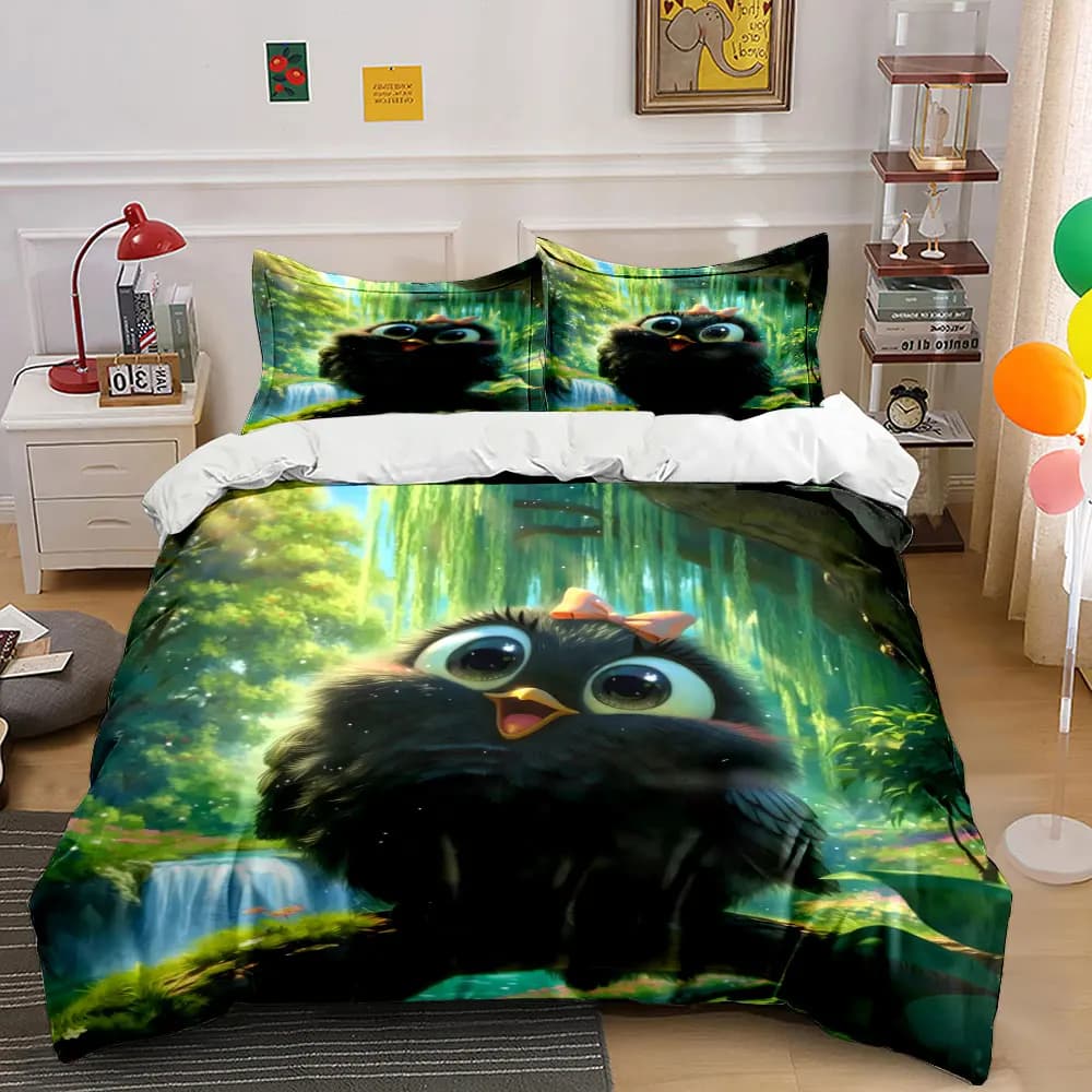 Cute bird with forest waterfall Print Bedding Set 1 Duvet Cover 2 Pillowcases for Adult and Children Luxury Gift Full Size