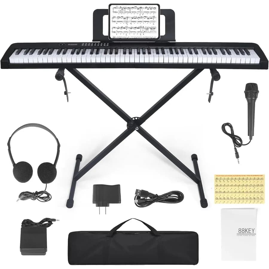 Pianoforte Digitale Elettrico a 88 Tasti Semi-Pesati Neri con Pedale Sustain Integrato, Alimentatore, Supporto, Custodia per il Trasporto e Cuffie