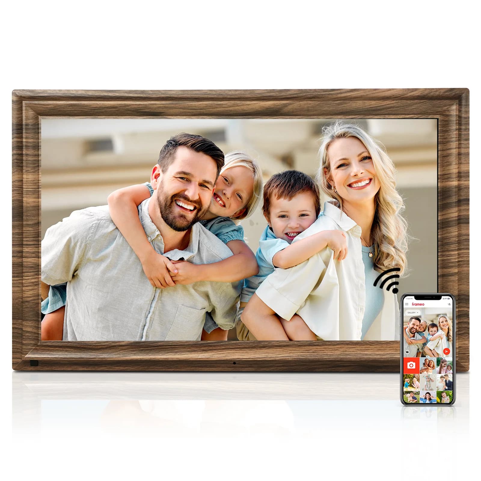Portafoto digitale in legno con app Frameo - Display HD abilitato WiFi e cornice per condivisione foto istantanea con telecomando