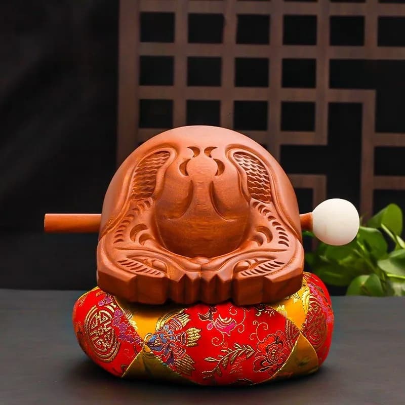 Tamburo Zen in Legno con Mazzuolo e Cuscino, Strumento a Percussione Buddista a Forma di Pesce, Ornamento per Monaci