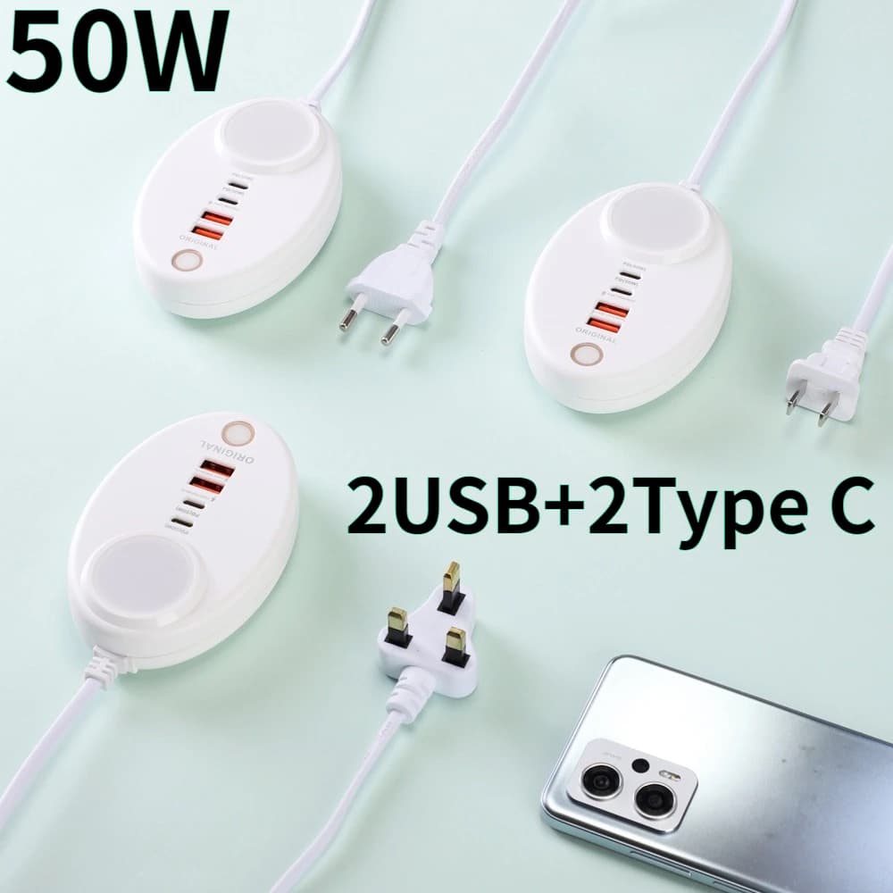 Multi Ports 50W Fast Wall Charger 2USB 2Type-C Charging Charger with Touch LED Night Light Power Adapter For iPhone 17 Xiaomi 17