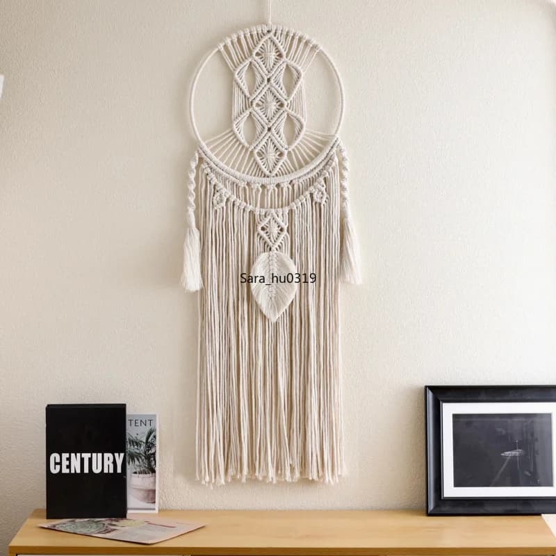 Boho Leaf Circle Natural Cotton Rope Dream Catcher Tassel Macrame Wall Hanging for Living Room Kids Room Airbnb Decor