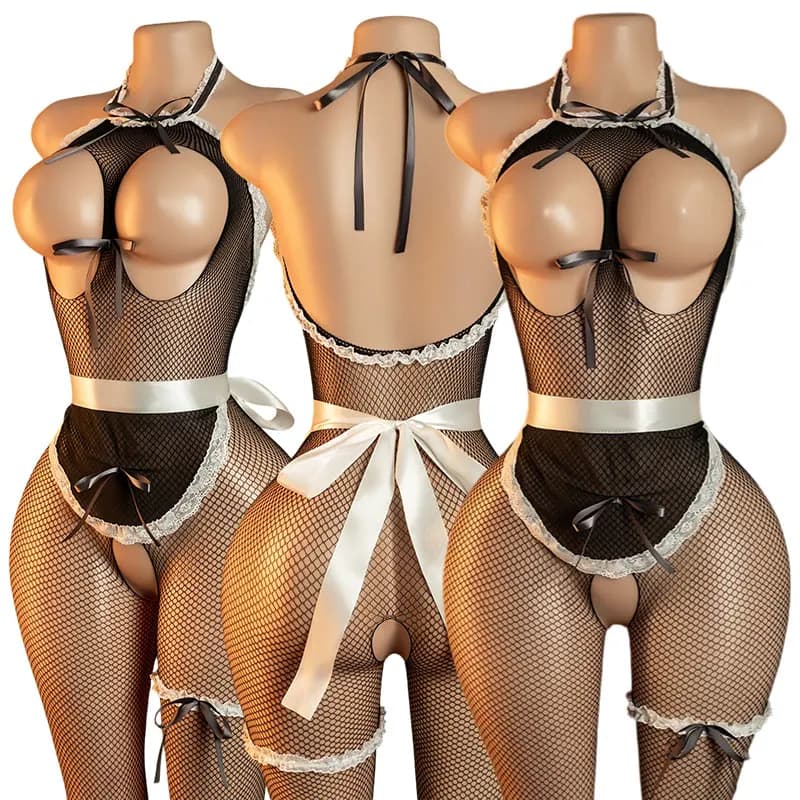 Calze per tutto il corpo da cameriera con seni esposti e design senza cavallo per la notte del sesso! Rete da pesca Teddy Body porno Lingerie sexy