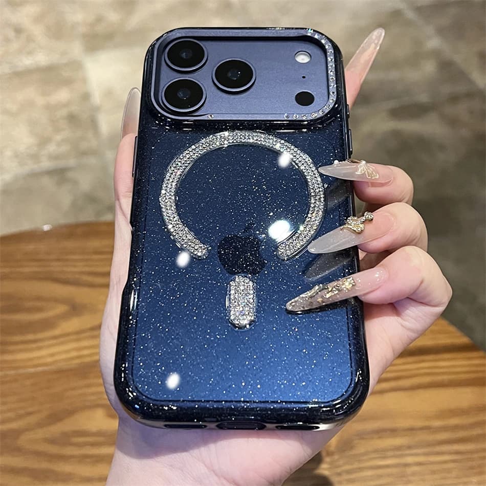 Luxury Diomond Frame Glitter Sparkle Magnetic Clear Case For iPhone 17 16 15 Pro Max 17pro Alloy Lens For Magsafe Orange Cover