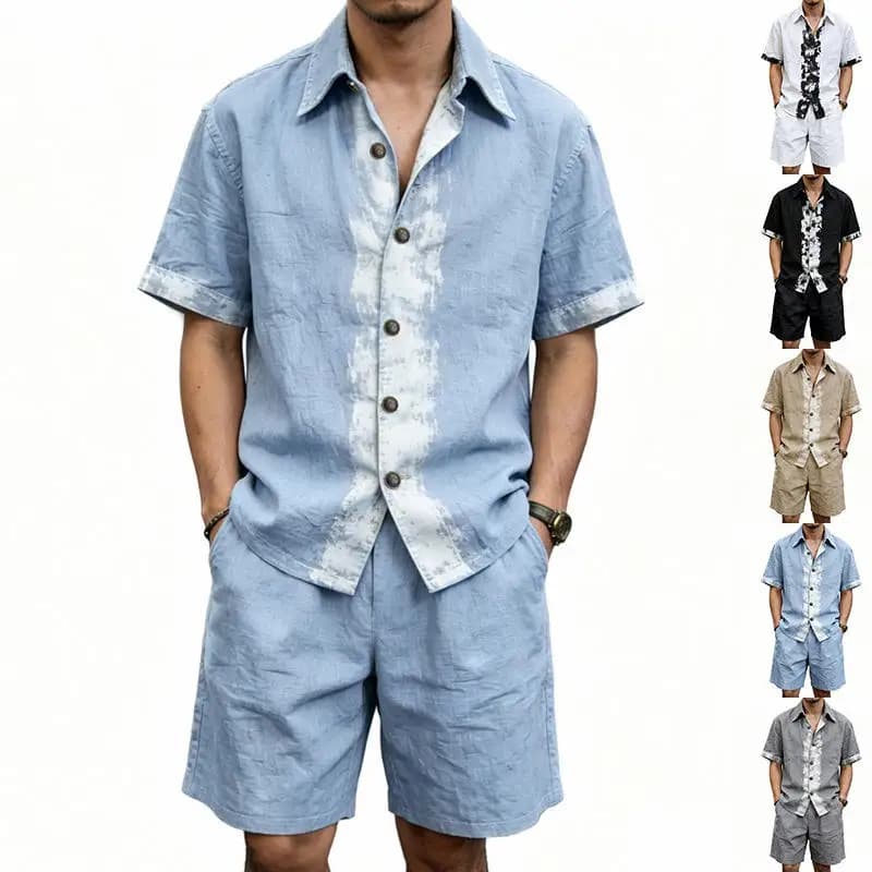 Casual Lightweight Summer Linen Men's Set Short Sleeve Shirt And Shorts Two-Piece Set Comfortable Breathable Youth Fashion