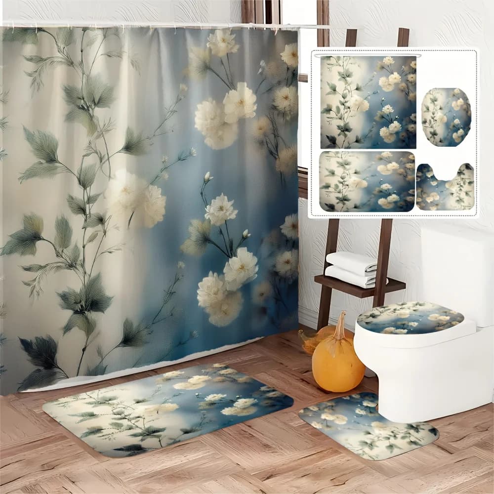 Set da bagno 4 pezzi con motivo floreale bianco: tenda da doccia, tappetino da bagno antiscivolo, sedile WC, tappeto a forma di U