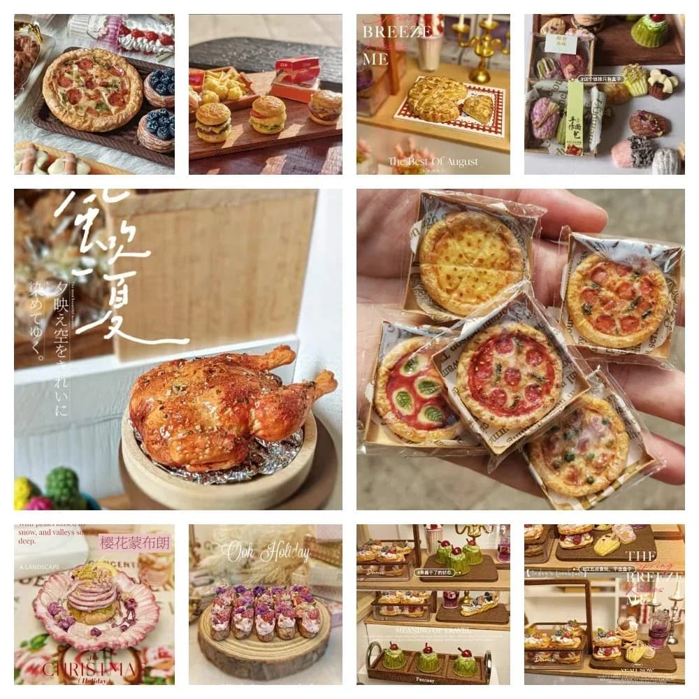DollHouse Mini Kitchen Baked Chicken Pizza Sandwich Handmade Clay Model 12points Cupcake Puffs Dessert Drink Mini Accessory Ob11