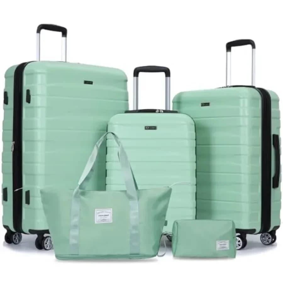 Luggage sets 5 Pcs Hardside Suitcase Set for travel, polycarbonate material, black color, lightweight with spinner wheels and T