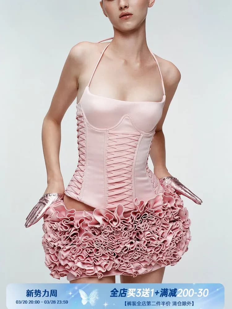Francia elegante sexy top a tubo sottile spaghetti con lacci rosa lisca di pesce halter collo guaina balletto rosa canotta senza maniche canotta