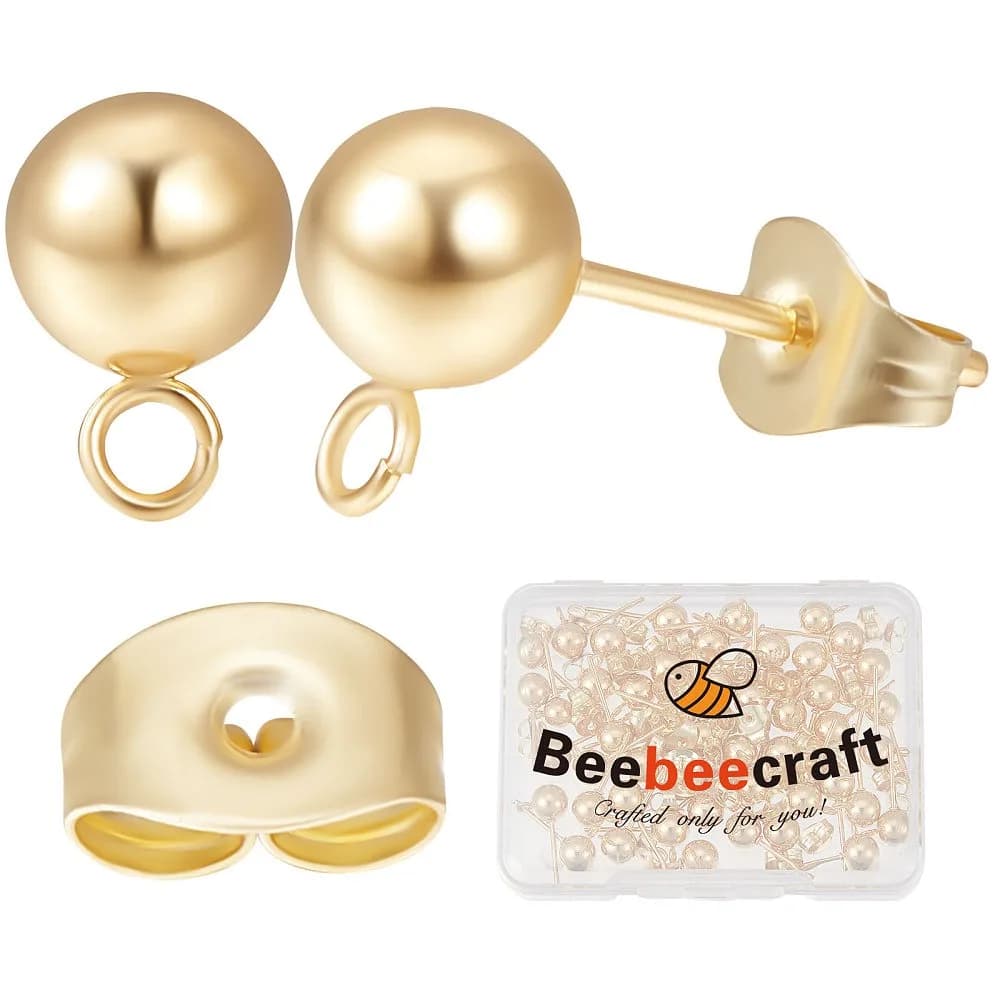 50Pcs 304 Stainless Steel Stud Earring Findings Ball Stud Earring Post with Horizontal Loops and Ear Nut/Earring Backs