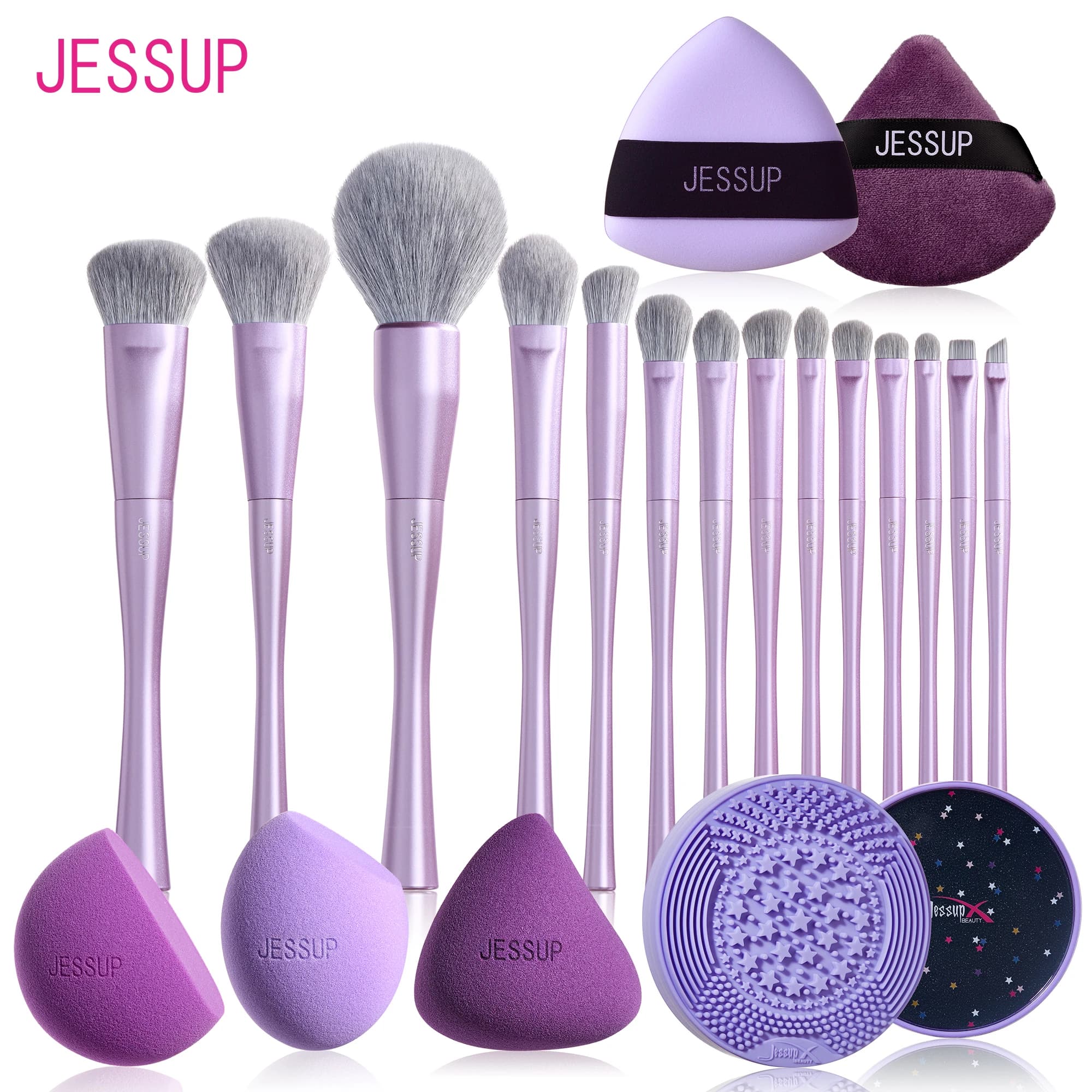 Jessup Set di pennelli per trucco 4/7/10/14 con spugne Pennello per trucco a sbuffo, Ombretto per il viso Miscelazione Evidenziando correttore, Viola di lusso