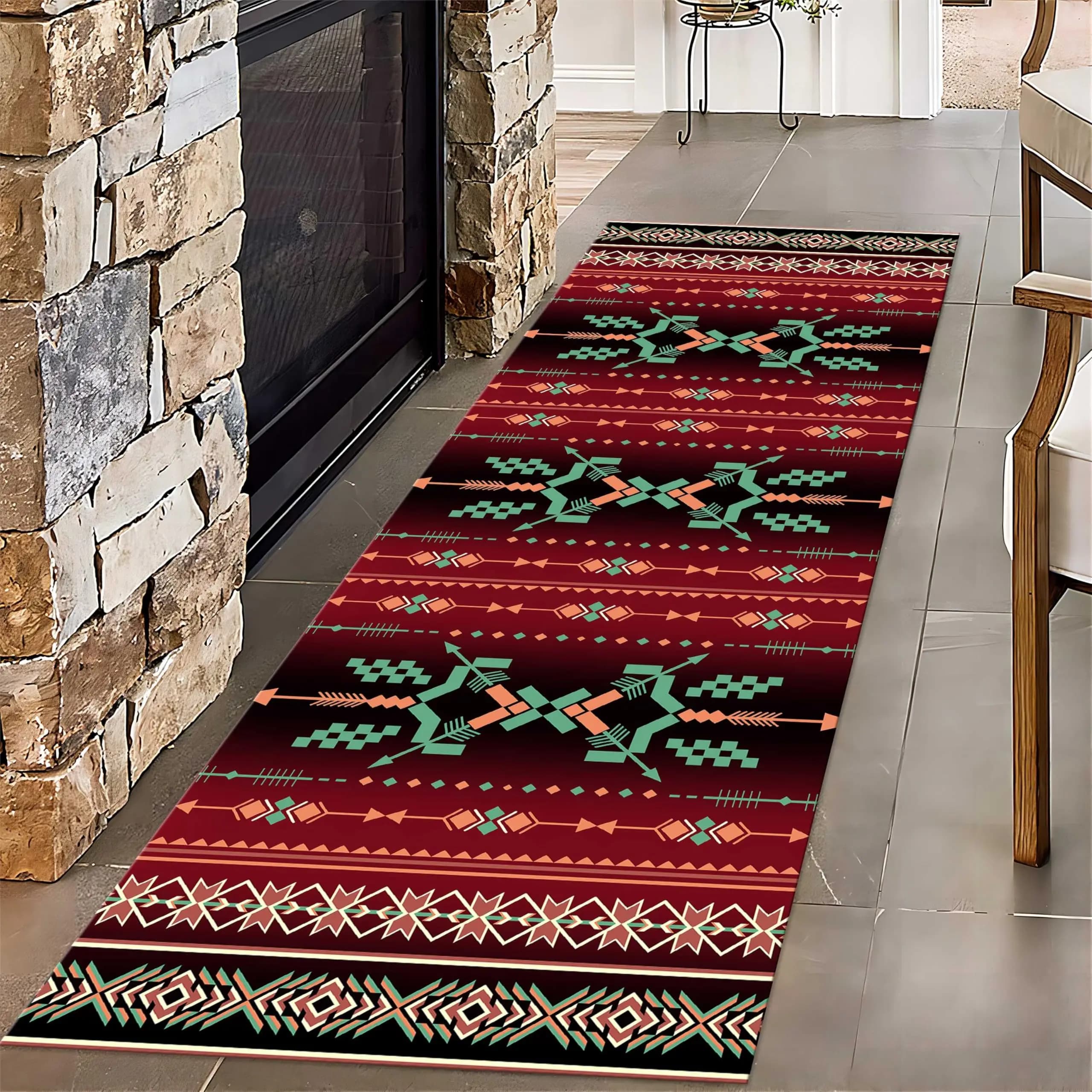 Boho Bohemian Long Rug Native Indian Totem Area Mat Retro Geometric Crossed Arrows Corridor Hallway Entrance Carpet