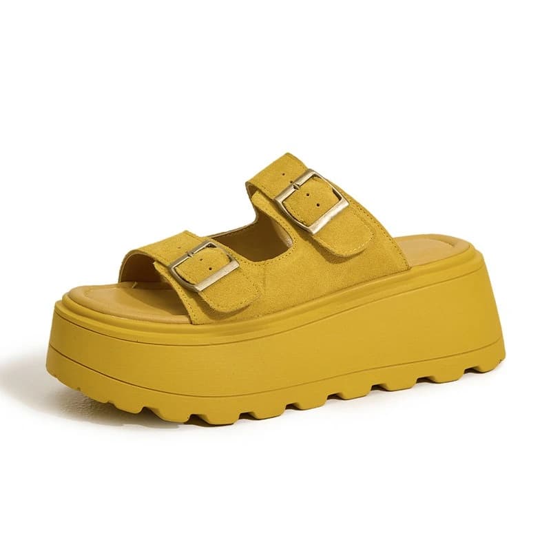 CICIYANG Pantofole da donna con plateau grosso da 7 cm 2025 Pantofole da spiaggia femminili con fibbia per cintura in pelle scamosciata di mucca estiva