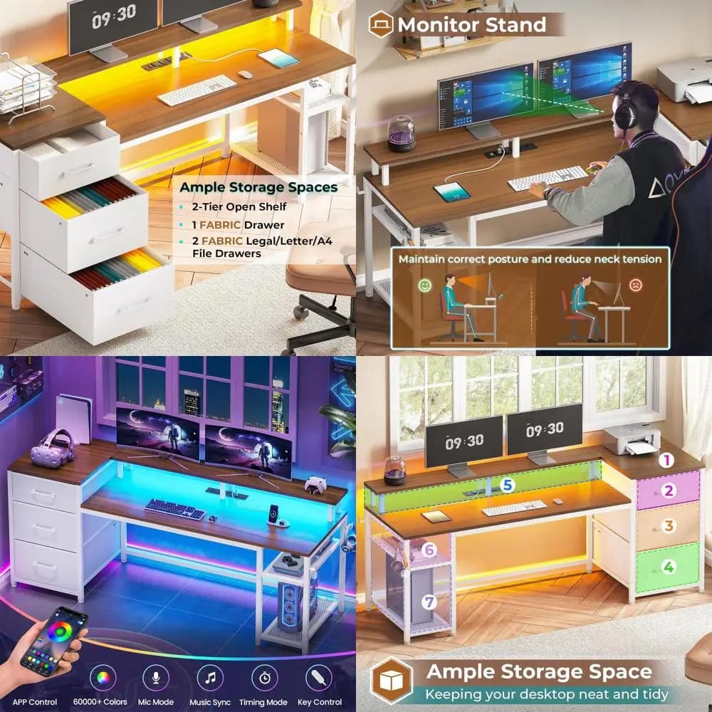 Scrivania Reversibile a Doppio Livello, Scrivania da Gaming con Illuminazione LED, Spazio di Archiviazione, Presa di Corrente, Arredamento per Ufficio Domestico Bianco e Marrone