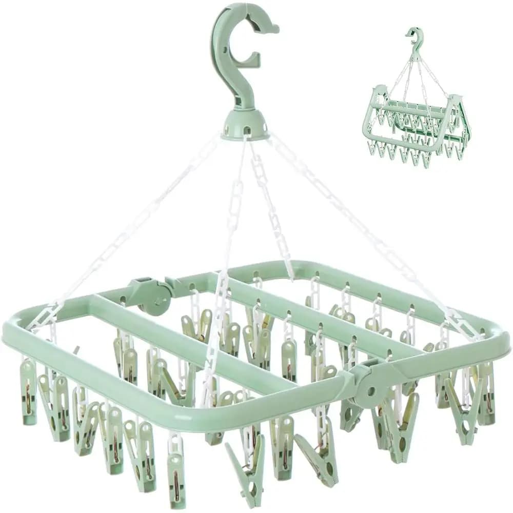 Portatile 360 ° Stendibiancheria Girevole in Plastica con 32 Clip per Calzini, Biancheria Intima e Asciugamani (Verde Chiaro)
