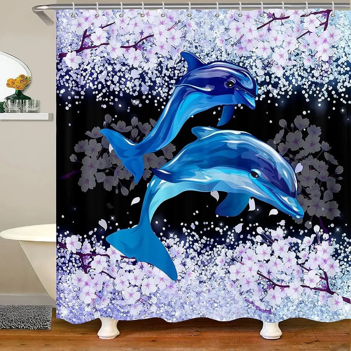 Tenda da doccia con delfino Tenda da bagno floreale con ciliegia Fiori primaverili Animali oceanici Tende da bagno impermeabili per bancarelle Vasche da bagno