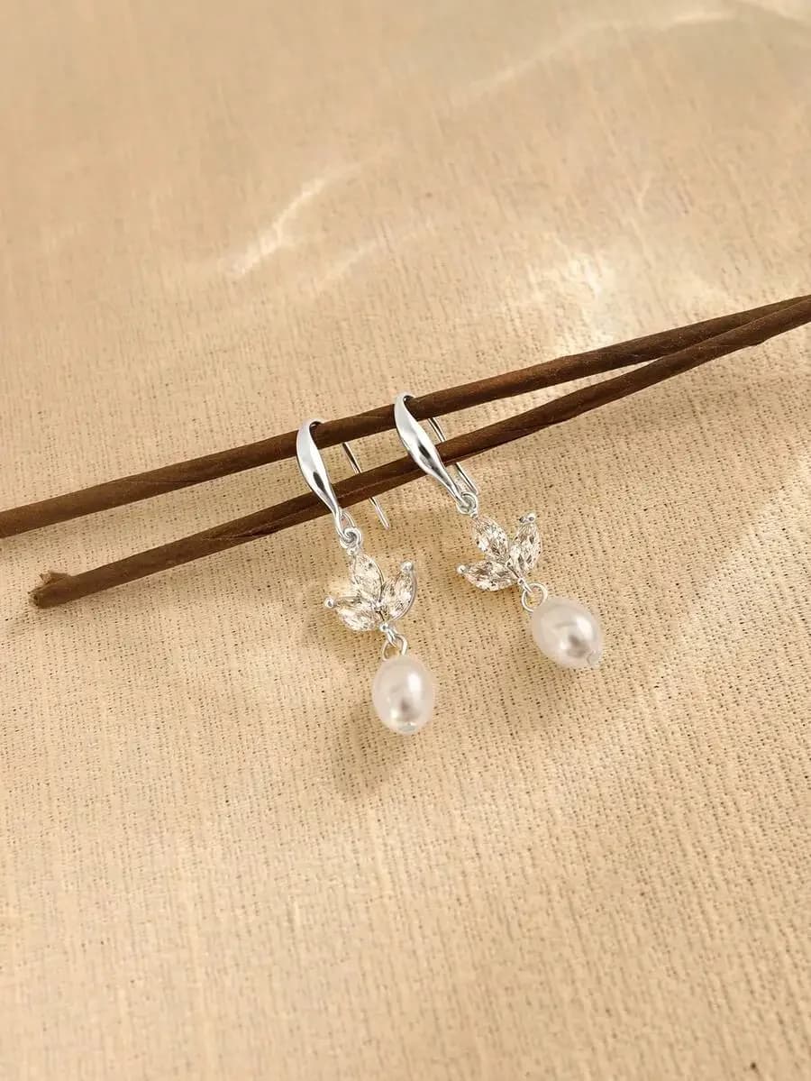 Womens Pearl Earrings With Cubic Zirconia Floral Design Clip-On Dangle Earrings For Daily Wear Wedding