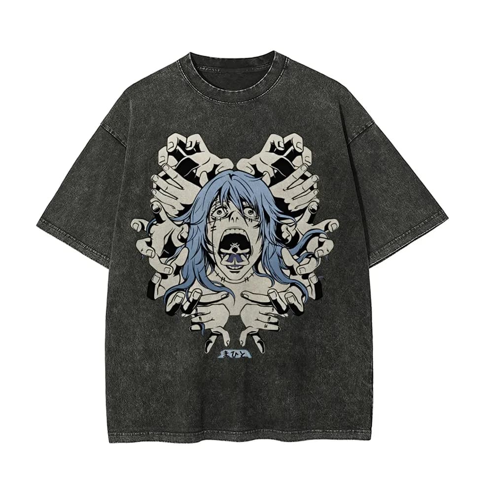 Maglietta Mahito Jujutsu Kaisen da Uomo, Stile Acid Wash, con Grafica Anime Streetwear 'Transfiguration' e 'Cursed Spirit', Vintage Bootleg