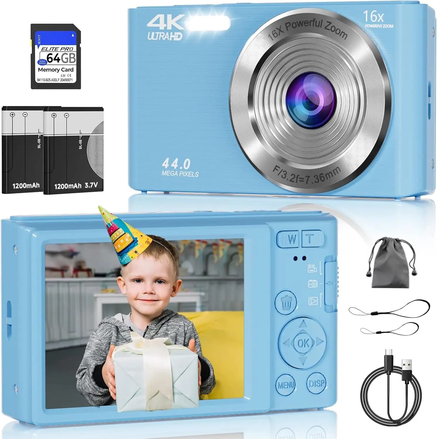 Fotocamera Digitale FHD 4K con Scheda SD da 64GB, 44MP Point and Shoot, Zoom 16X, Anti-Shake, Luci LED per Bambini e Adolescenti