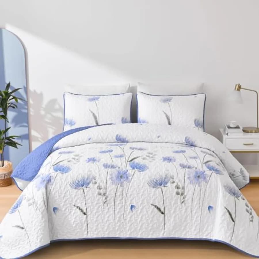 Set Copriletto Floreale 3 Pezzi e Copriletto Bianco, Trapunta Leggera Estiva con Motivi Botanici