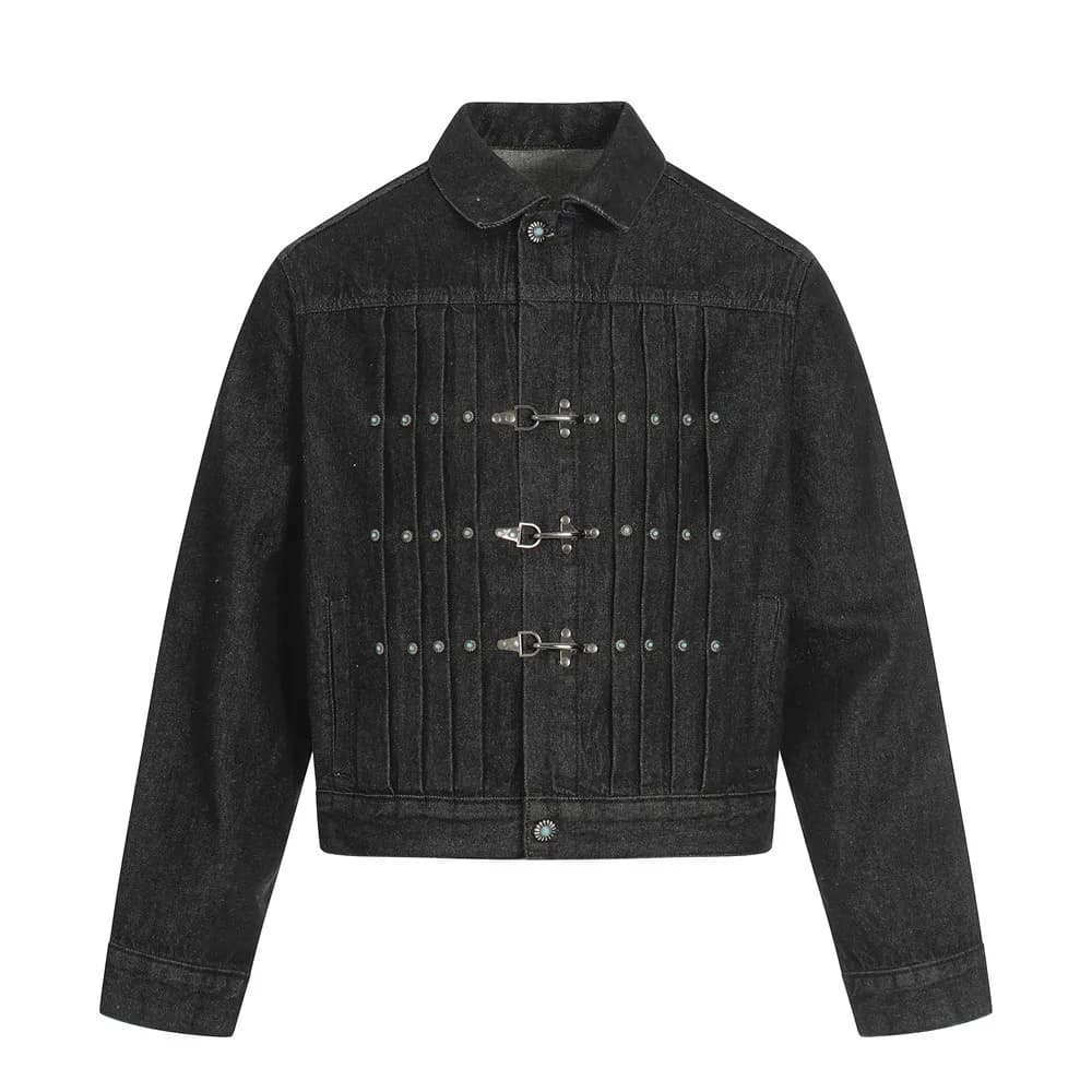 Vintage Denim Jacket Men's Hip Hop Trend Heavy Metal Aircraft Buckle Design Sense Pleated Short Jacket