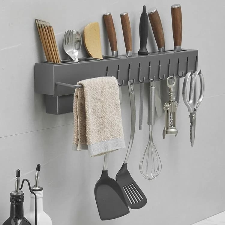 Portacoltelli e Portabacchette da Cucina in Acciaio Inossidabile Grigio Canna di Fucile, Design a Parete con Fori Preforati