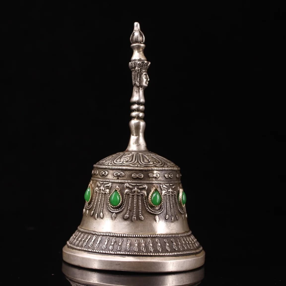 6"Tibetan Temple Collection Old Bronze Gilded Silver Mosaic Gem Mahakala Buddha Head Old Ringing Bell Amulet Town house Exorcism