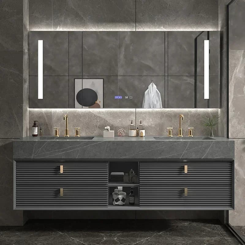 Kit di ardesia moderno di lusso leggero Specchio da bagno Lampada Armadietto Lavandino Rubinetto Un pezzo Doppio lavabo Combinazione di rovere Lavaggio in legno massello Ha
