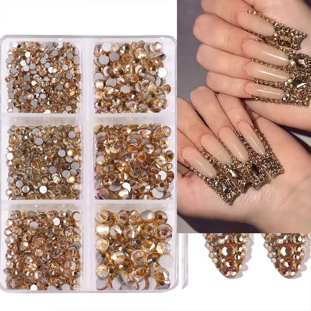 6Grids 2-5mm Gold Glass Crystal Flatback Nail Rhinestones SS4-SS6 3D Gold Glitter Non Hotfix Nail Gems DIY Nail Art Accessories