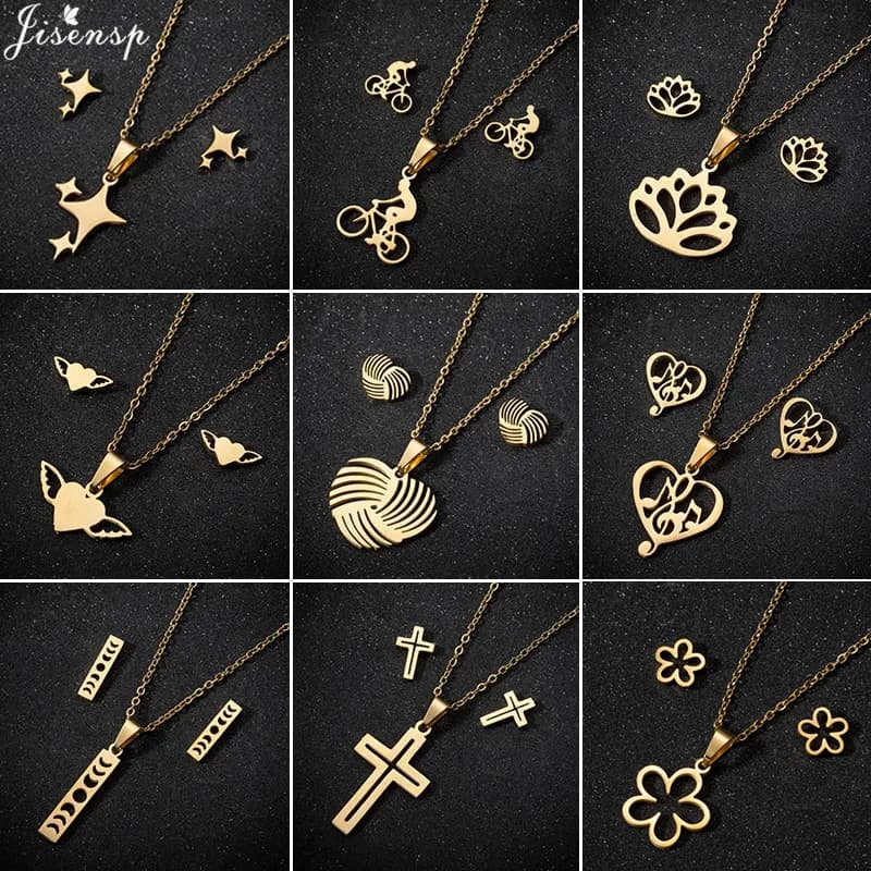 Set di Gioielli in Acciaio Inossidabile a Forma di Stella per Donne, Collana e Orecchini Minimalisti con Cuore, Margherita, Croce, Musica, Luna, Accessori per Bicicletta e Fitness