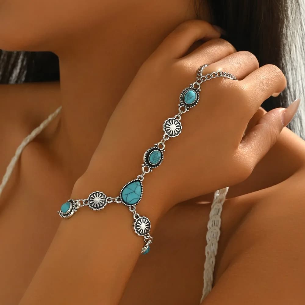 Retro Cowboy Style Cracked Turquoise Sun Disc Floral Connecting Finger Bracelets for Women Bohemian Beach Vacation Jewelry Gifts