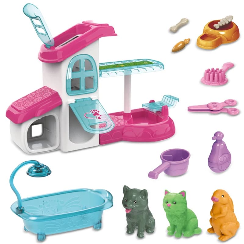 Pretend Play Toy Fashion Mini Pets Cat Dog House Kennel Bathtub For Children Play House Toy Accessories Kids Best Gift