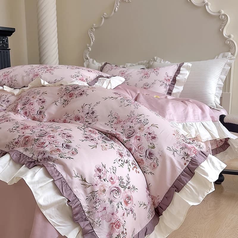 500TC Cotone egiziano Vintage Francese Rosa Fiori Stampa Ruffles Set biancheria da letto Copripiumino Lenzuolo piatto/con angoli Federe 4 pezzi