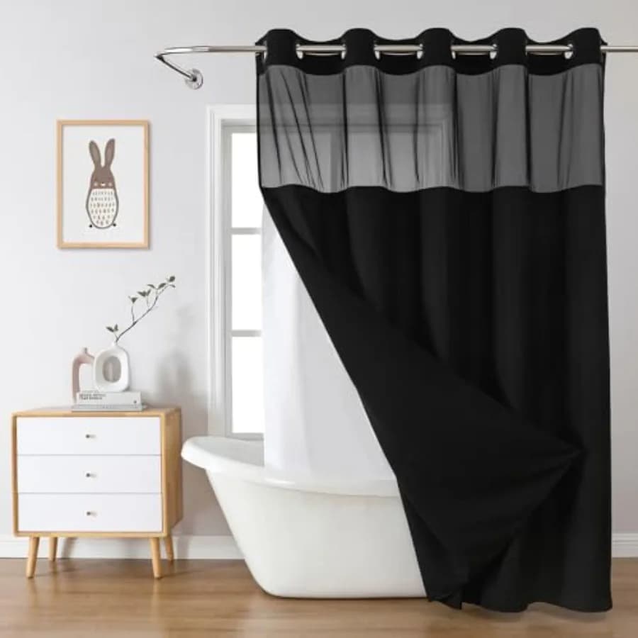 Tenda da doccia nera senza ganci in tessuto waffle con fodera sostituibile a incastro, in tessuto impermeabile 230GSM, set tenda da doccia per hotel