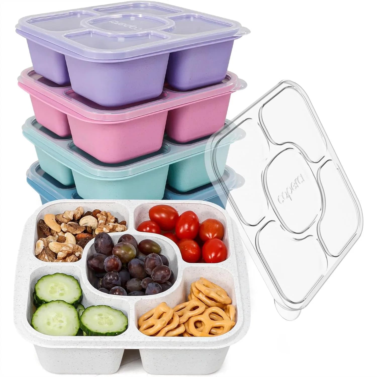 Set di Contenitori Bento a 5 Scomparti con Coperchi, Contenitori Riutilizzabili in Paglia di Grano per Preparazione Pasti e Controllo Porzioni