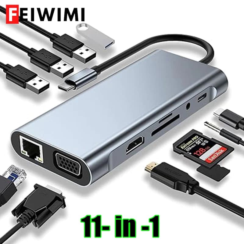 HUB USB C, adattatore USB C Dongle 11 in 1 con lettore di schede 4K HDMI/VGA/Tipo C PD/RJ45/SD/TF per MacBook Pro/Air M1 iPad
