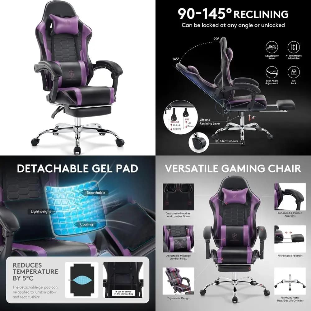 Sedia da Gaming Ergonomica Reclinabile in Pelle con Poggiapiedi, Massaggio Lombare e Supporto con Cuscino in Gel
