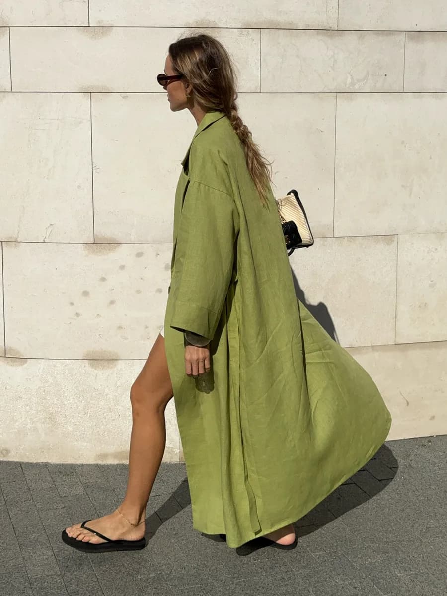 DSMTRC Donna Risvolto Manica Lunga A Vita Alta Casual Allentato Abito Con Lacci Solido Autunno 2025 Nuovi Abiti Fasciatura Abiti Da Pendolarismo Femminile