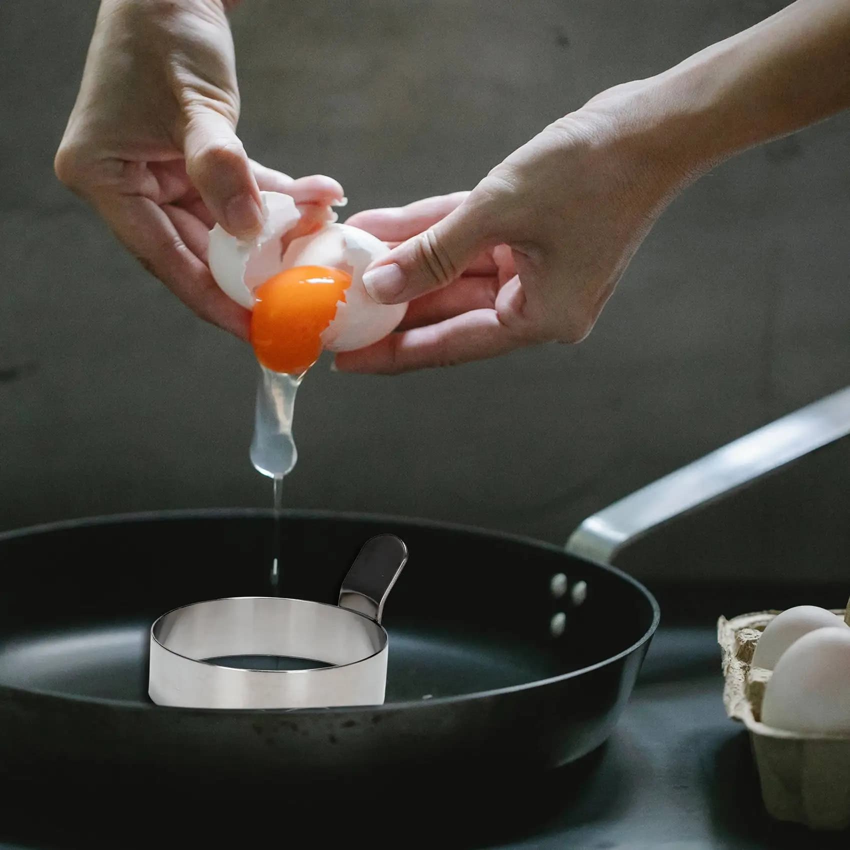 A53Q-4 Pcs Egg Frying Rings Stainless Steel Omelette Model Pancake Rings Perfect Circle Round Fried Poach Mould With Handle S